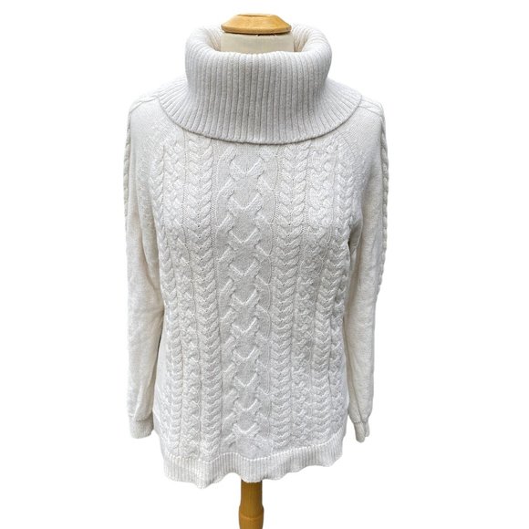 Tommy Bahama Cable Knit Turtleneck Sweater Cream Gold Metallic Sz L - Picture 11 of 14